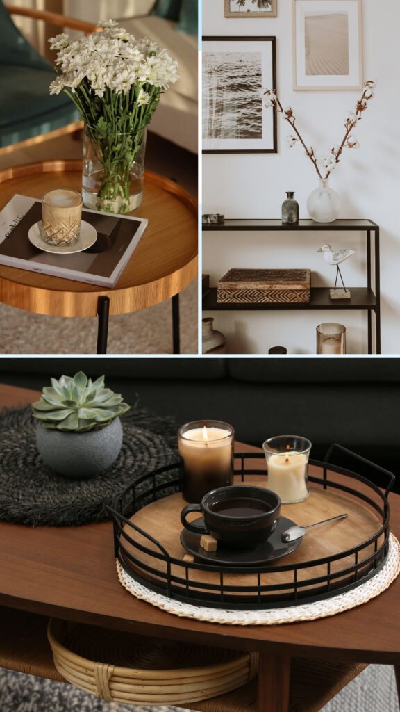 Styled-coffee-table- with-three-decorative-objects-showing-the 3-5-7-rules-in-decorating.