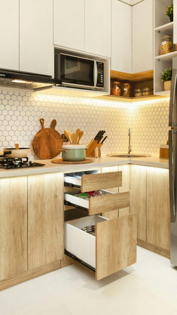 Small-kitchen-with-open-shelves-and-neatly-arranged-cookware-showing-smart-ways-to-maximize-space-while-keeping-the-area-bright-and-organized