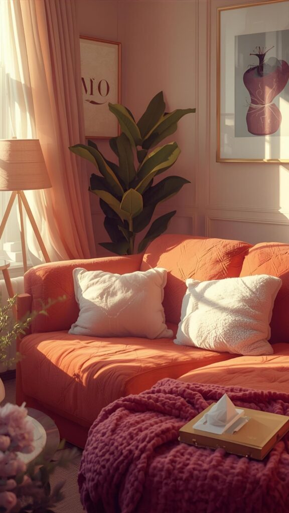 Cozy-textures-added-in-the-corner-of-a-living-room-showing-orange-couch-knitted-table-cover-and-thrown-pillows