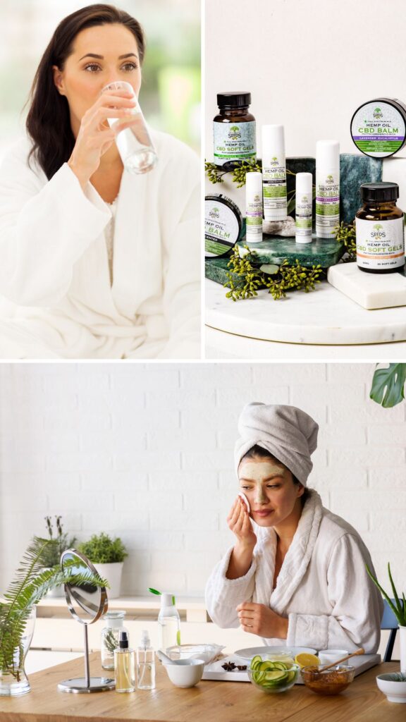 Image-of-a-woman-drinking-water-and-applying-her-skin-care-as-one-of-her-new-year-self-care-challenge-goals