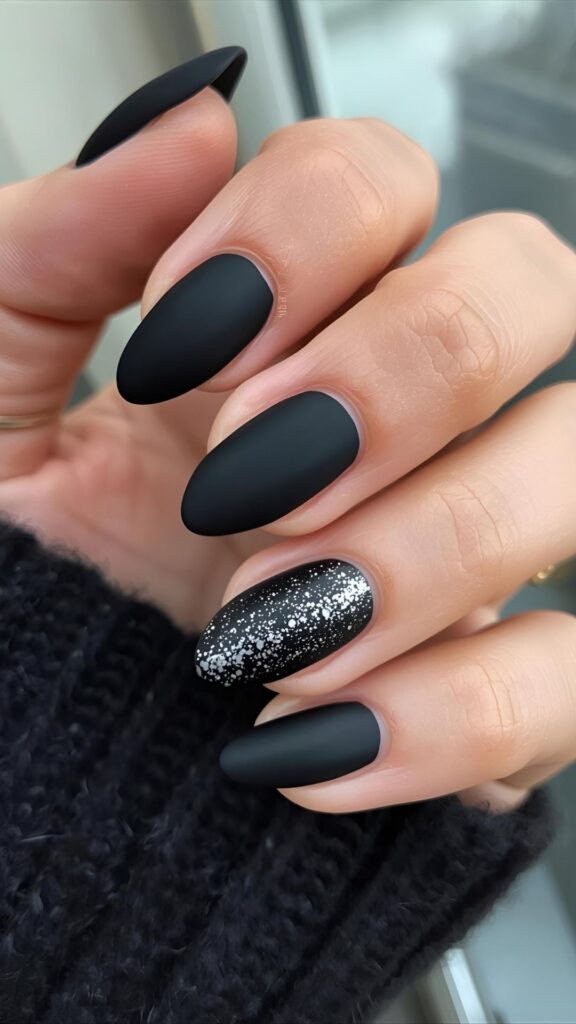 Black-Matte-With-Glitter-Accent-As-30-New-Year-Nail-Designs