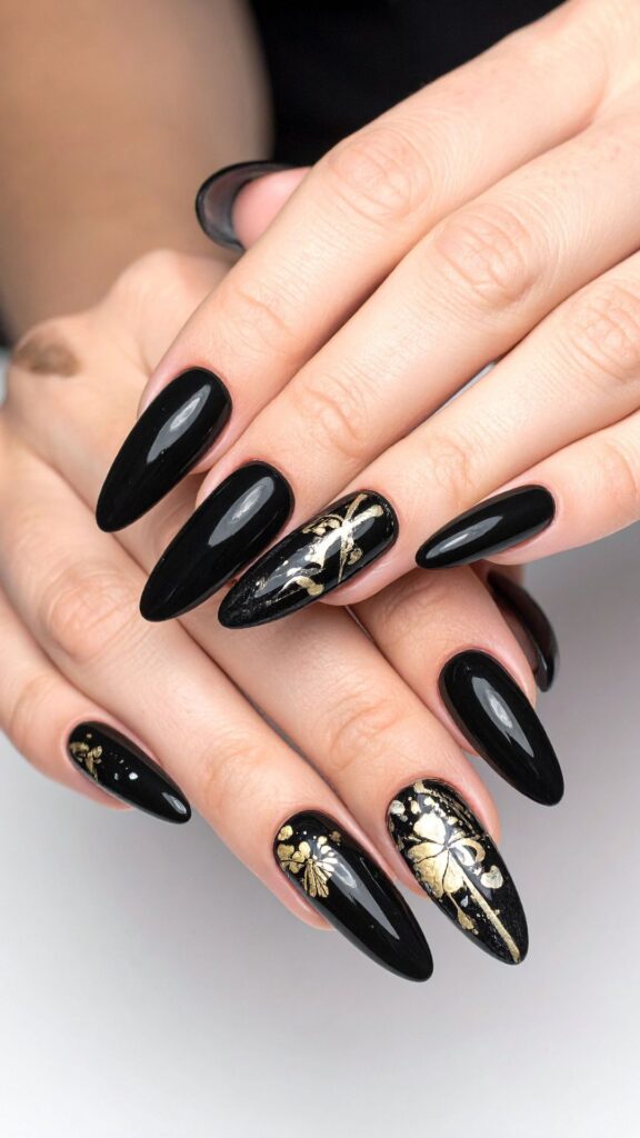 A-woman-on-black-and-golden-nail-polish-for-30-new-year-nail-design