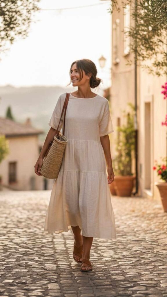 A-woman-wearing-a-neutral-linen-midi-dress-flat-sandals-and-a-straw-bag-walking-outdoors-in-soft-daylight