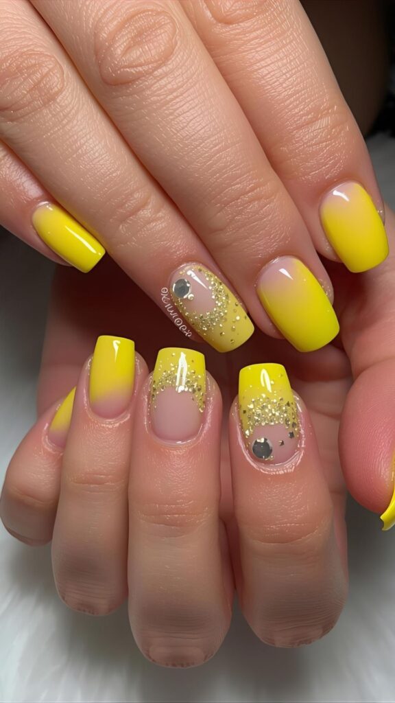 Bright-Yellow-With-Glitter-Tips-Nails-