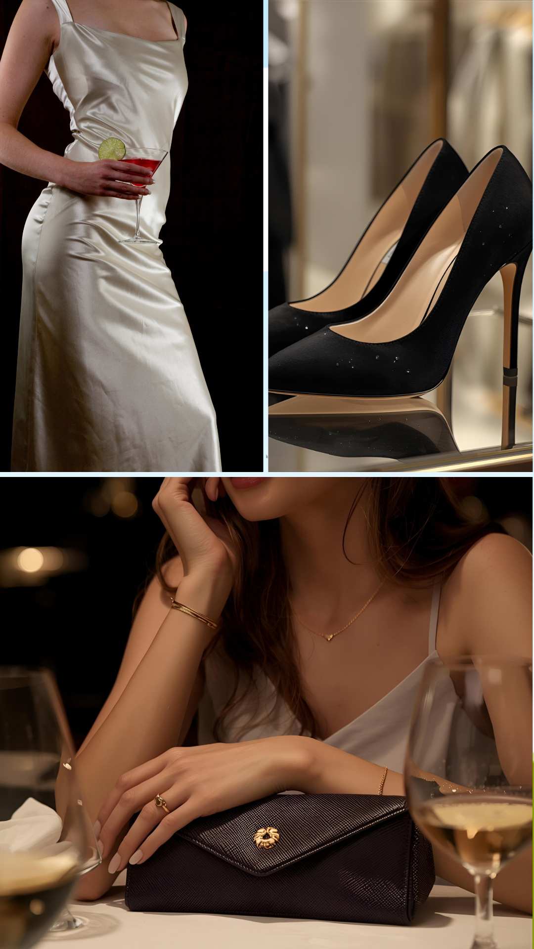 Woman-in-a-long-neutral-gown-holding-a-glass-of-wine-black-pointed-toe-heels-and-woman-showcasing-jewerly-and-handbag-while-seated-down
