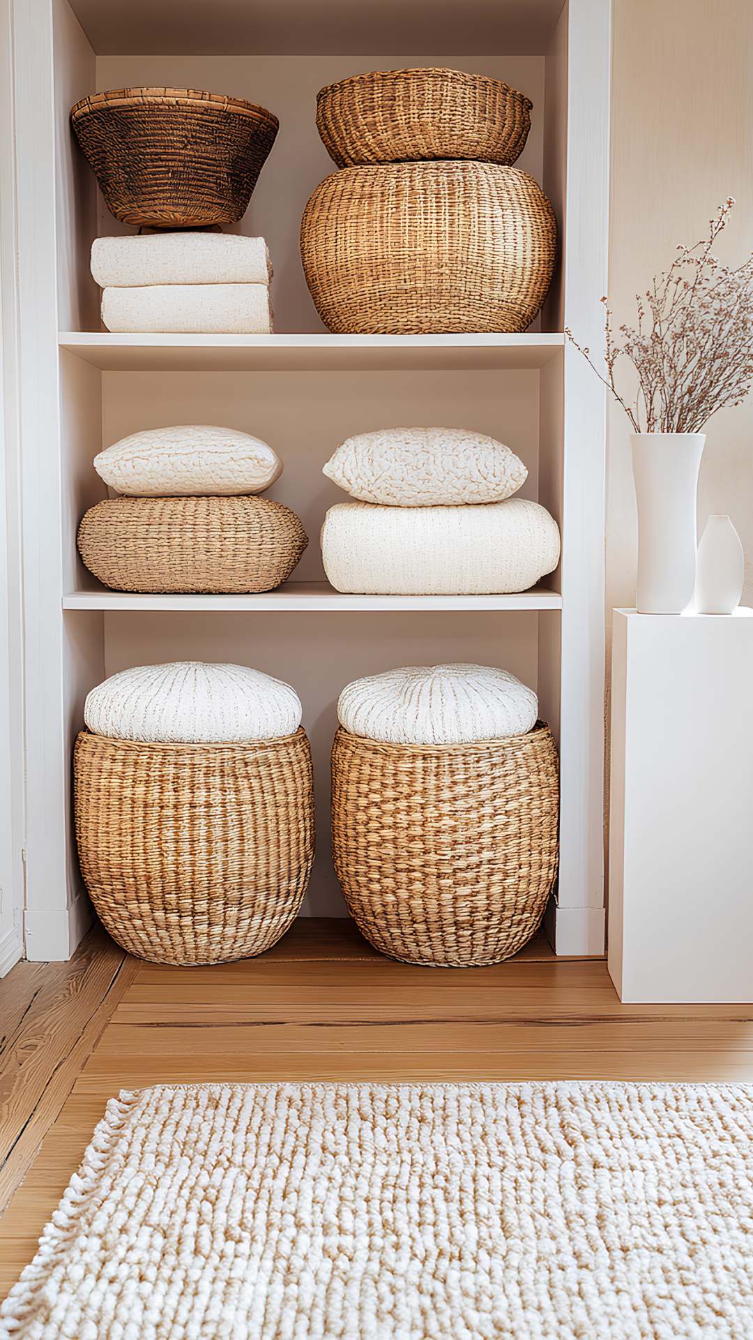Cute-Storage-brown-Baskets-and-white-Shelf-Styling-for-keeping-of-duvet-and-flower-vase