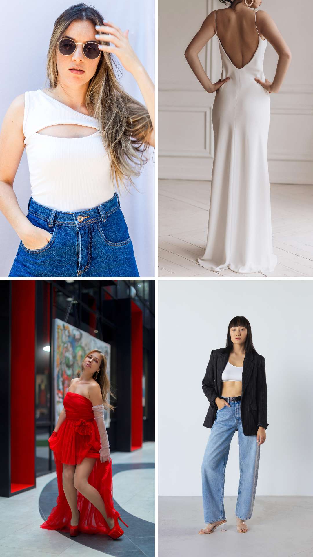 Four-stylish-date-night-outfit-ideas-for-women-a-white-top-with-jeans-long-white-body-con-gown-a-flowy-red-dress-and-a-leather-jacket-paired-with-denim-trouser-