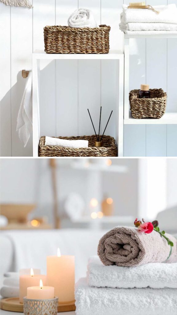 A-calming-spa-like-scene-featuring-white-shelving-with-wicker-storage-baskets-neatly-folded-white-towels-and-a-lower-vignette-with-lit-candles-a-rolled-brown-towel-and-a-small-floral-accent.