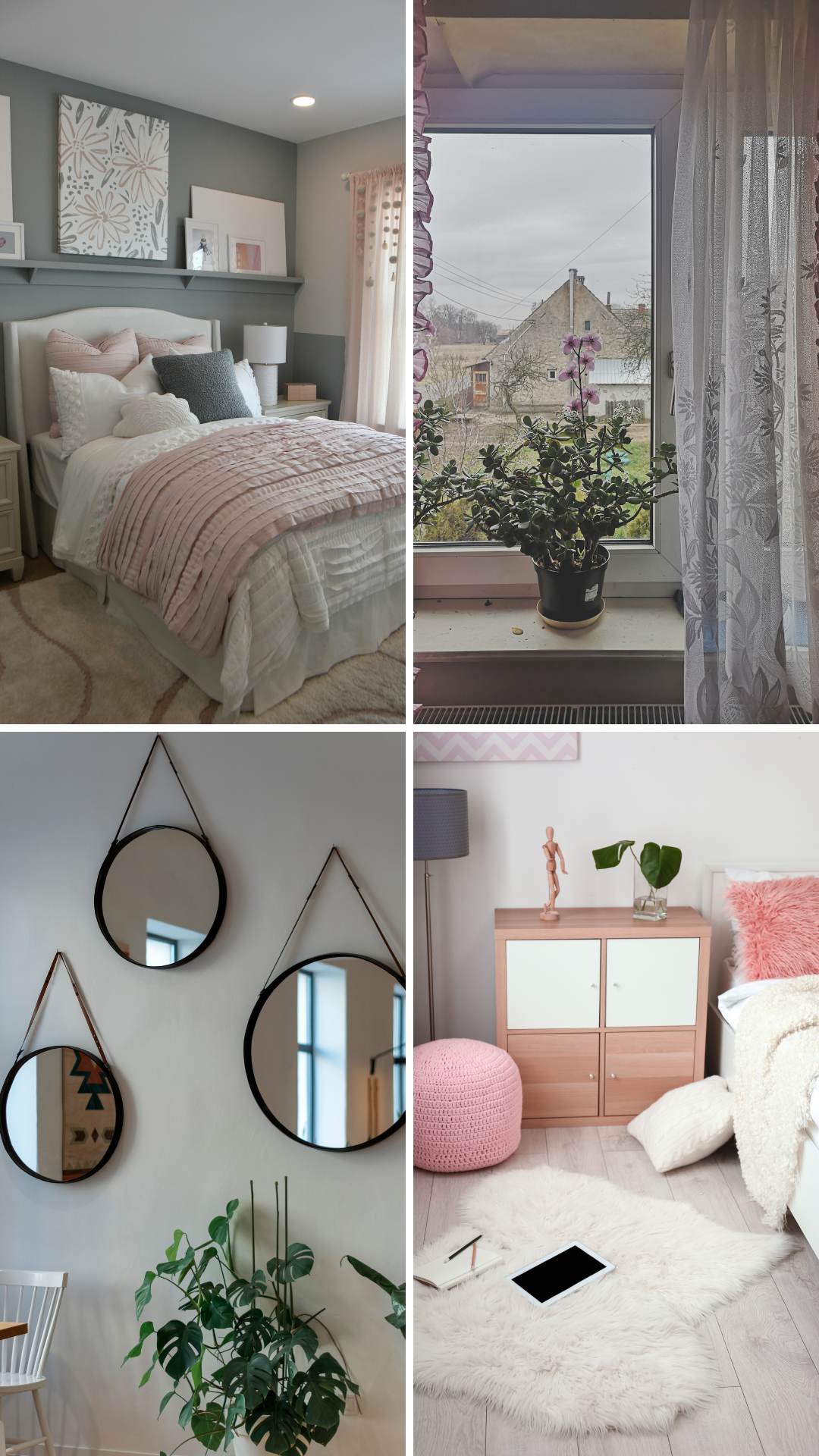 Collage-of-four-with-floral-girly bedroom-decor-feminine-wall-art-window-vase-flowers and-floor-rugs