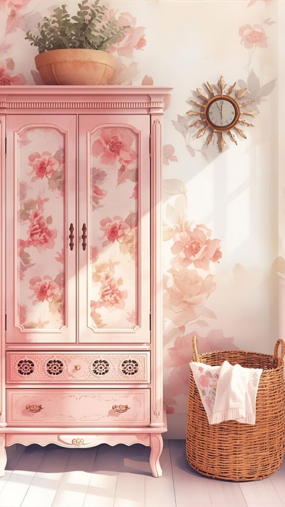 A-functional-storage-aesthetic-showing-pink-working-wardrobe-a-flower-on-top-the-wardrobe-and-a-woven-basket-beside-the-wardrobe