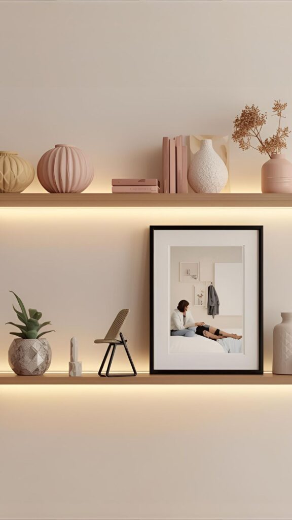 Aesthetic-wall-shelves-with-soft-warm-lighting-minimal-decorative objects-pastel-tones, framed-wall-art leaning on the shelves, gold-accents-neutral-beige wall-realistic photography-clean modern-feminine-style