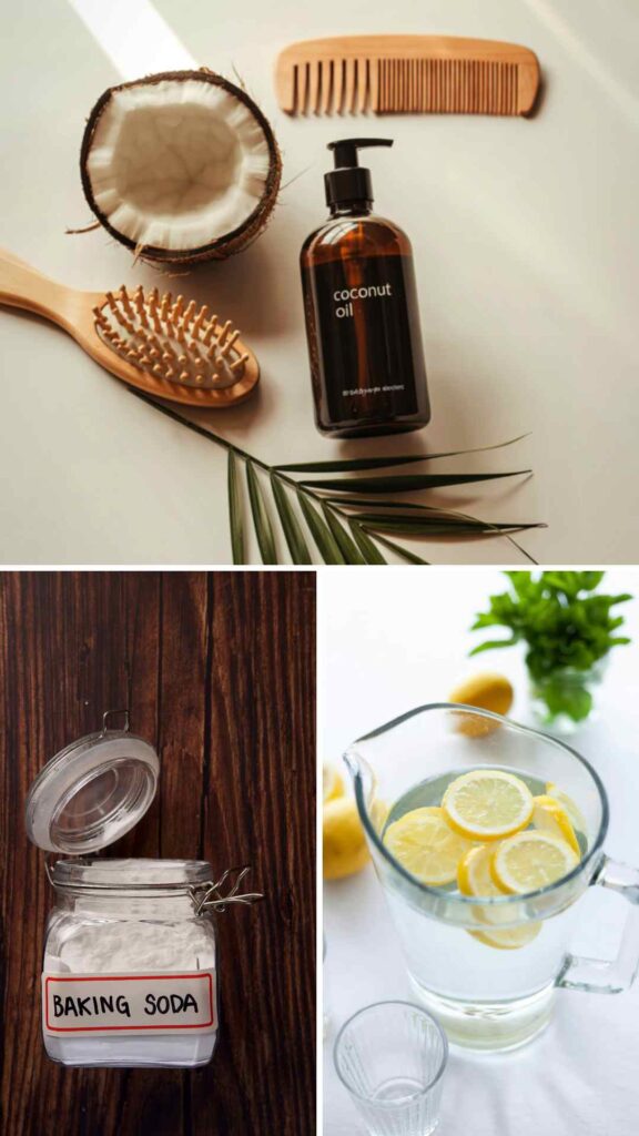 Natural-remedies-to-treat-dandruff-at--home-comprising-of-coconut-oil-scalp-treatment-baking-soda-exfoliating-scalp-scrub-and-lemon-juice-scalp-cleanse-shown-in-collage-for-soothing-flakes-and-itchy-scalp