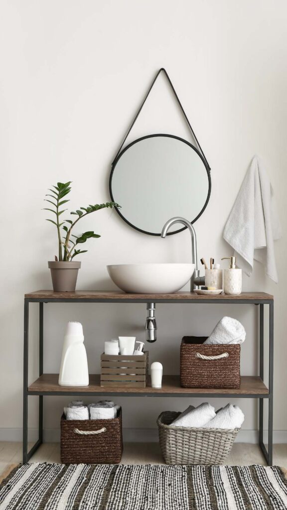 A-shelf-containing-a-flower-vase-baskets-that-has-towels-a-bathing-soap-and-a-mirror-on-the-wall-for-a-bathroom-makeover-ideas