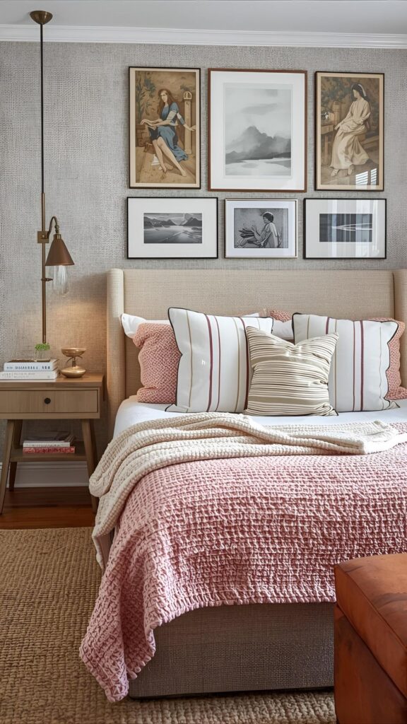 New-Bedding-Setup-featuring-knitted-bed-covers-thrown-pillows-arts-on-the-wall-and-table-light