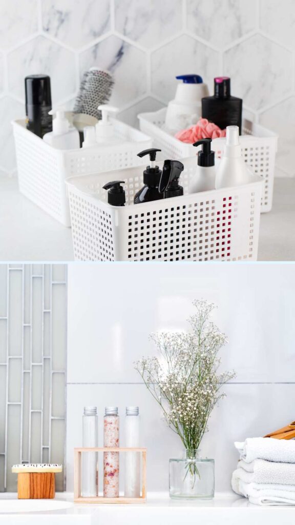 An-image-featuring-personal-touches-like-rubber-white-basket-for-soaps-andother-personal-stuff-like-vase-of-flower -and-towels