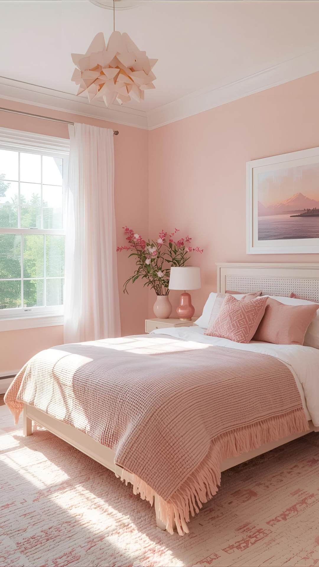Bright-bedroom-with-peach-walls-a-textured-pink-bedspread-and-fluffy-pillows