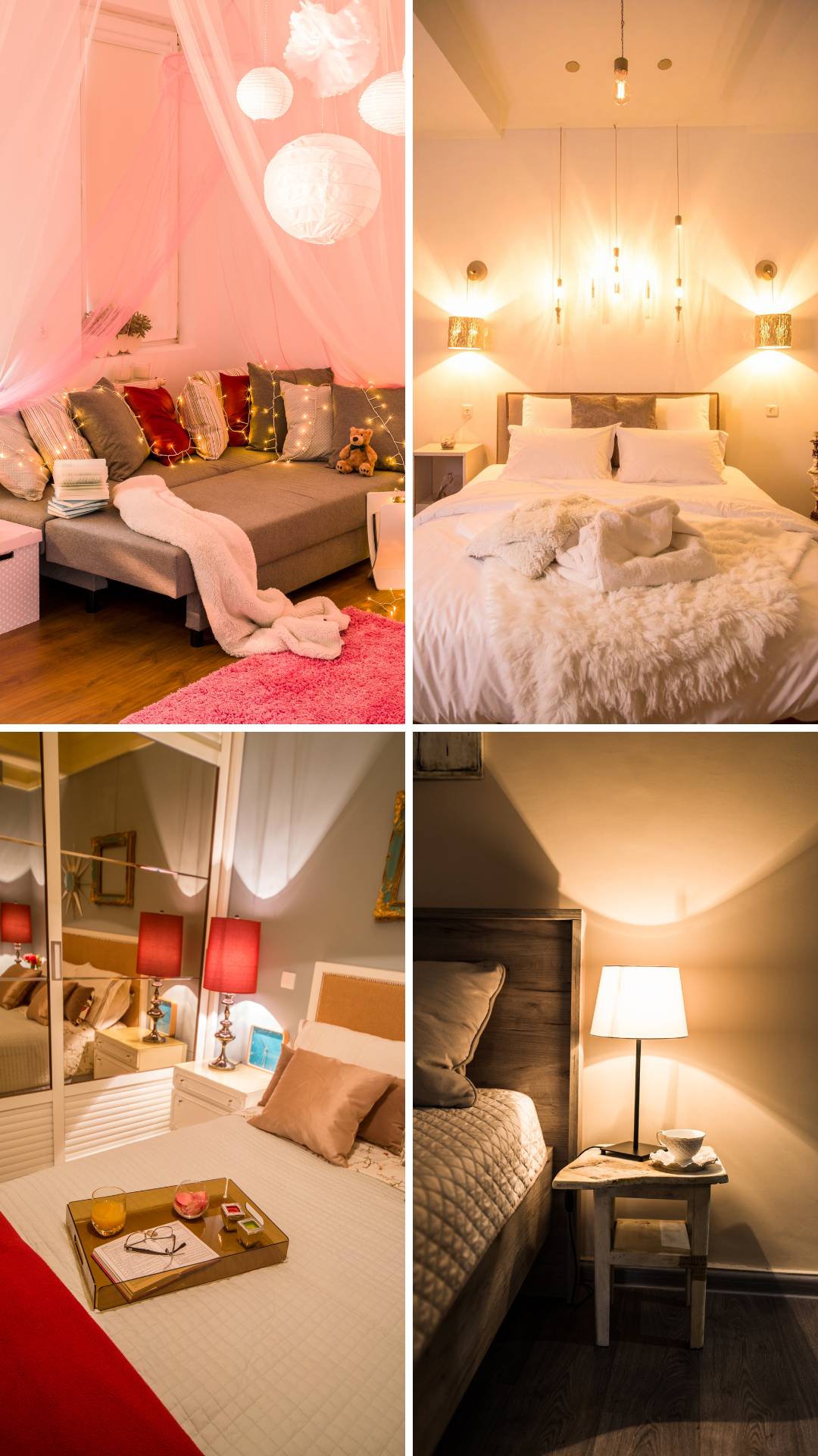 Four-images-of-girly-bedroom-decor-showing-lighting-in-each-collage