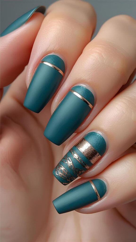 Teal-Matte-With-Metallic Stripes-Nail-Designs