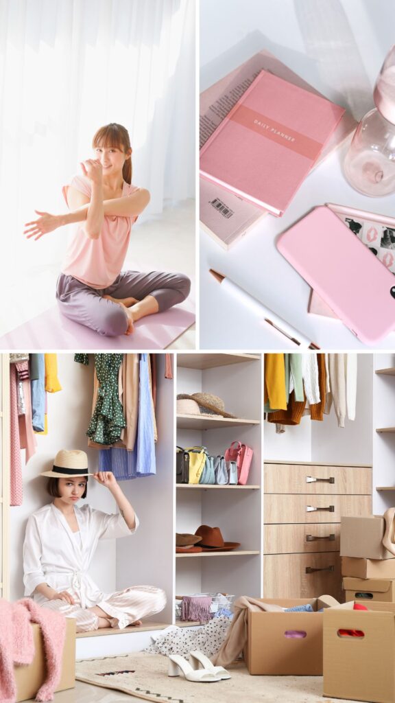 A-collage-image-of-a-woman-a-journal-and-the-woman-Reseting-her-closet-as-one-of-new-year-self-care-challenge