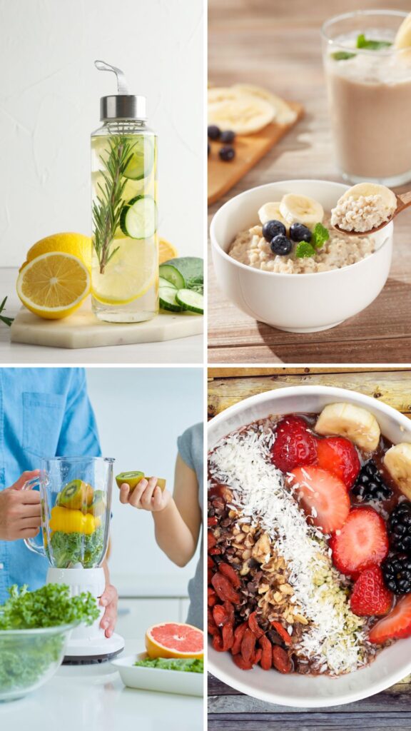 A-collage-of-healthy-meals-featuring-cucumber-water-oats-fresh-fruits-and-berries