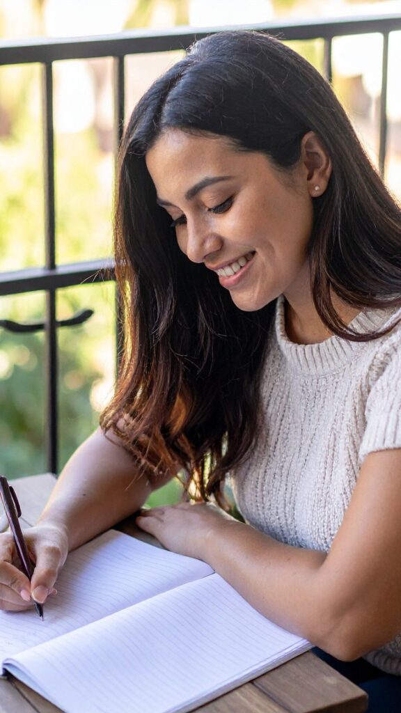 A-woman-that-is-reflecting-and-writing-down-her-thoughts-as-her-new-year-self-care-challenge-goals