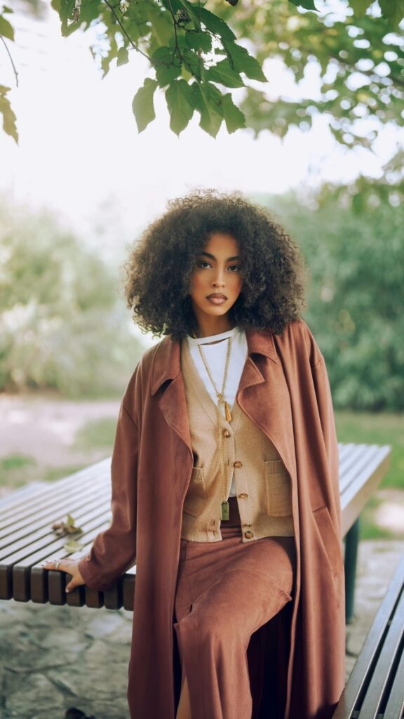 A-woman-wearing-a-brown-base-layer-jacket