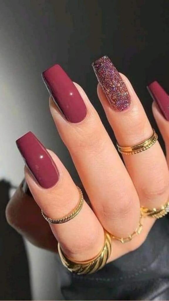 Burgundy-nails-with-glitters-as-10-glitter-ombre-nails-to-try-for-valentine's-day