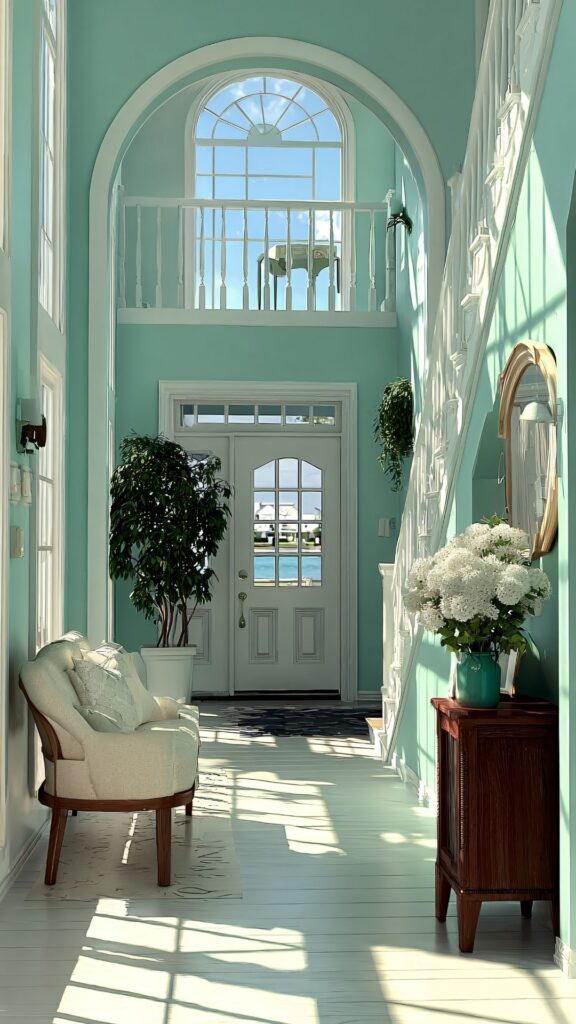 A-modern-entry-way-wall-ideas-showing-how-lighting-changes-the-ambiance-in-the-home-featuring-flower-vase-and-a-plant-in-the-entrance-way