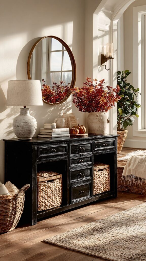 Home-accents-showing-baskets-a-table-round-mirror-on-the-wall-a-flower-and-a-lamp-on-the-table