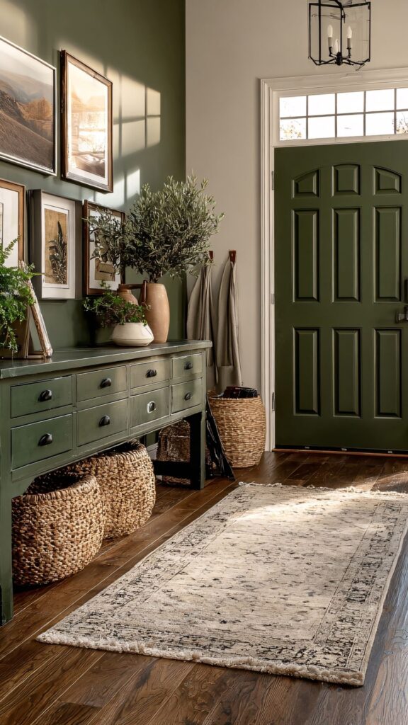 Modern-entryway-wall-ideas-showing-green-entry-way-decorated-with-wall-arts-flower-vase-baskets-and-green-table-and-painted-with-green-and-white-wall