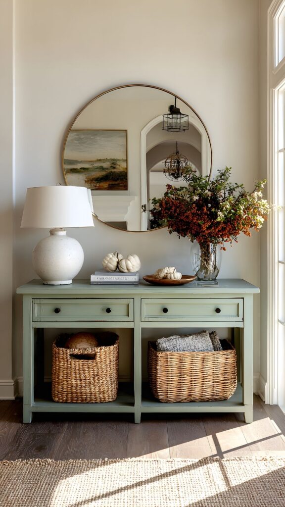 A-round-mirror-on-the-wall-of-the-entry-way-with-flowers-a-light-bud-a-table-and-2-wooden-baskets-undeer-the-table