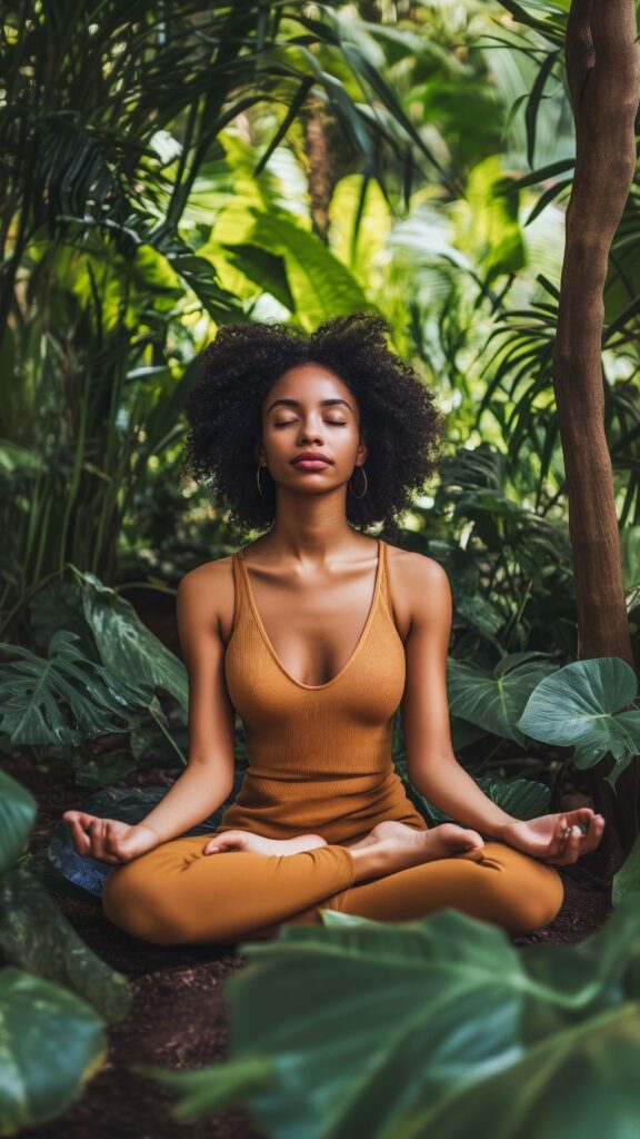 A-woman-wearing-a-brown-body-suit-in-a-bush-while-mediating