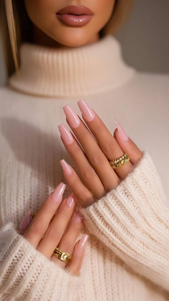 Soft-nude-sparkly-nails-for-everyday-wear-showing-a-woman-in-a-knitted-sweater