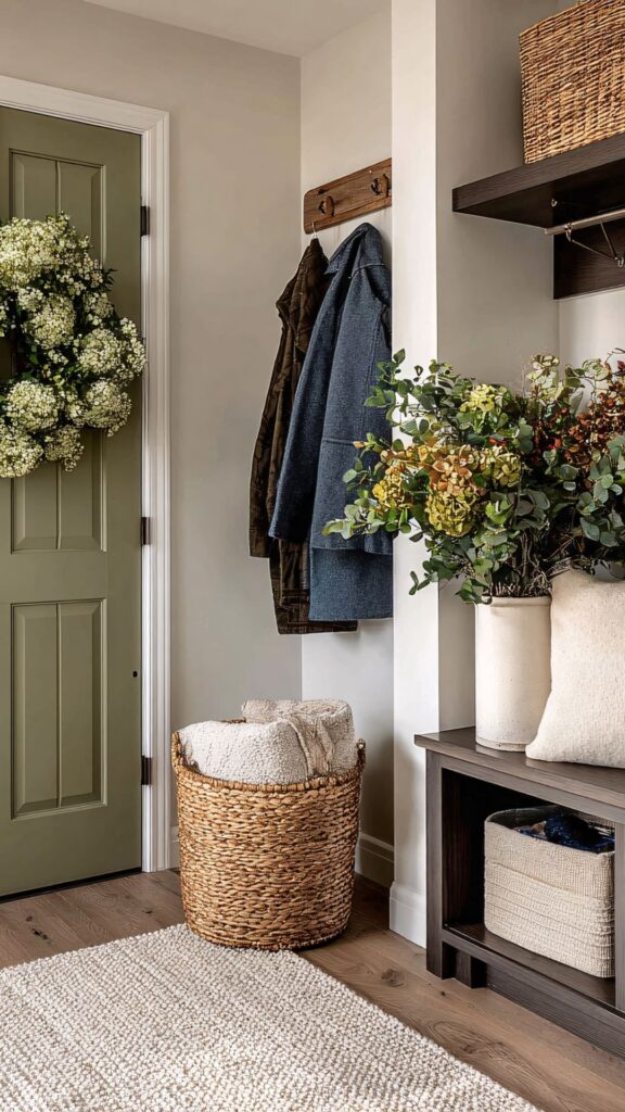 Modern-entry-way-wall-ideas-showing-a-well-organized-entry-way-corner-with-flowers-wooven-baskets-and-well-hanged-coat-and-shelves