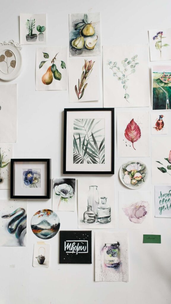 Living-room-wall-decor-featuring-artwork-mirrors-and-shelves-that-enhance- style-and-create-a-focal-point-in-the-space