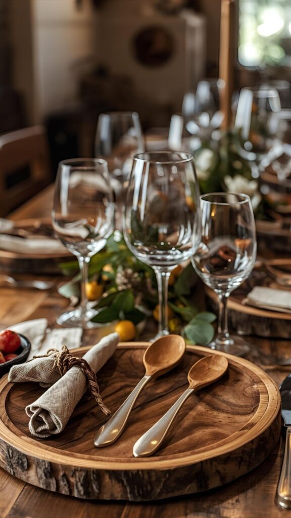 A-table-showcasing-a-wooden-plates-wooden-spoons-candle-glass-cups-and-flower-on-top-of-it-as-part-of-fun-natural-settings