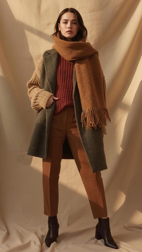 A-woman-wearing-Layered-fall-outfits-comprising-of-layered-pant-scarf-jacket-and boots