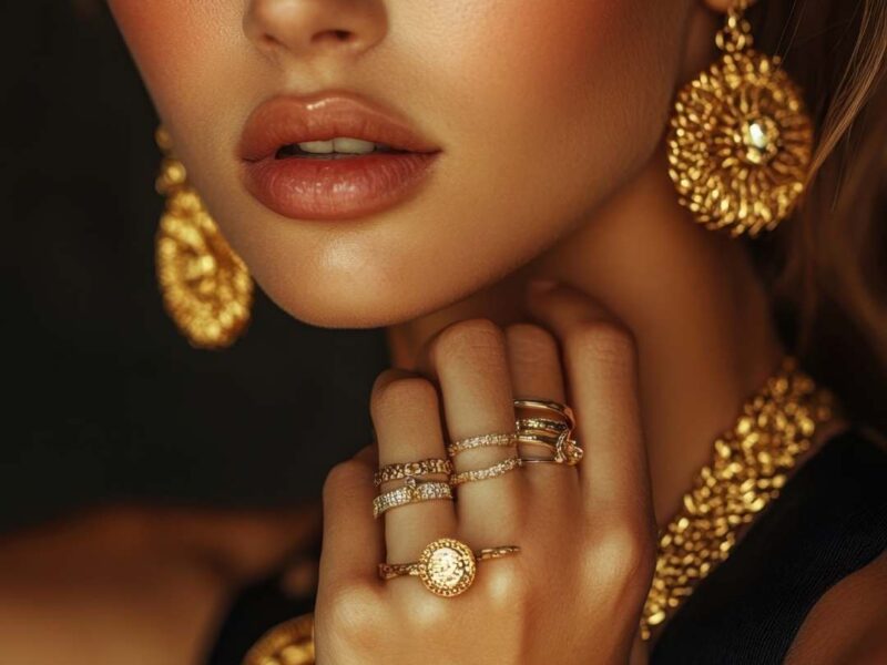 Woman-wearing-aesthetic-accessories-including-layered-necklaces-stylish-earrings-and-trendy-bracelets-with-a-fashionable-outfit.