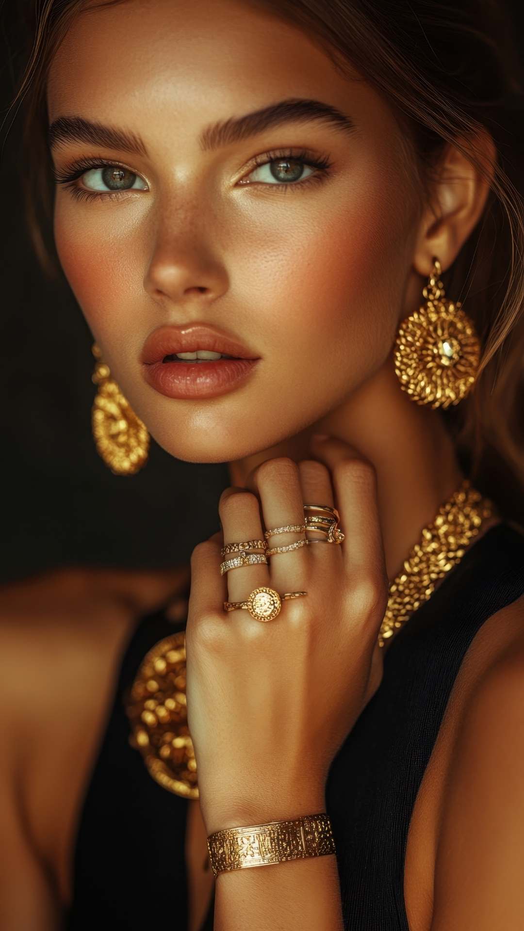 Woman-wearing-aesthetic-accessories-including-layered-necklaces-stylish-earrings-and-trendy-bracelets-with-a-fashionable-outfit.