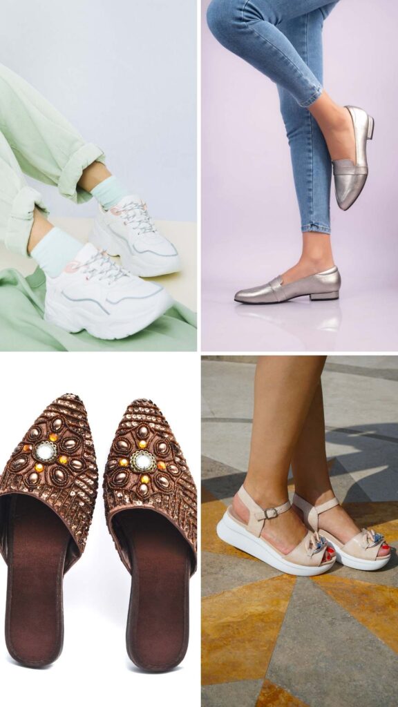 Footwear-that-complement-casual-outfits-including-loafers-white-sneakers-stylish-brown-slippers-and-chic-sandals-for-women.