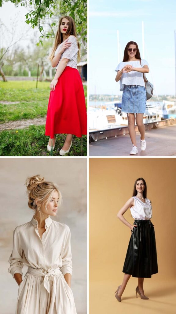 Ladies’-casual-spring-skirt-styles-showcasing-a-denim-skirt-lightweight-flared-long-skirt-and- breathable-seasonal-fabrics.