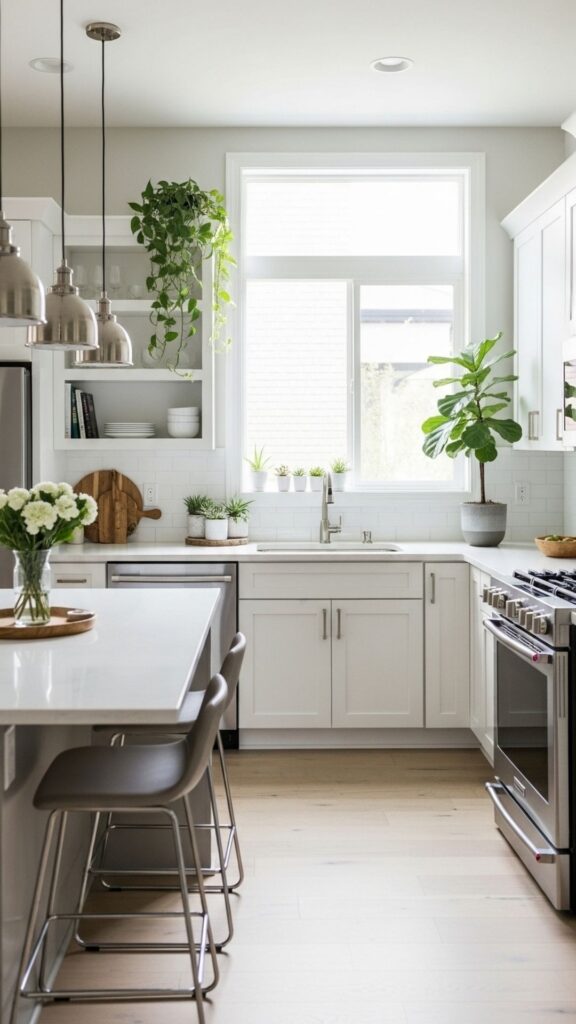 small-arranged-kitchen-with-flowers-on-the-table-showing-image-of-styling-kitchen-shelves-ideas