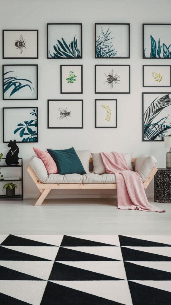 Wall-art-with-personality-showing-different-blue-wall-art-and-a-couch-beside-the-wall