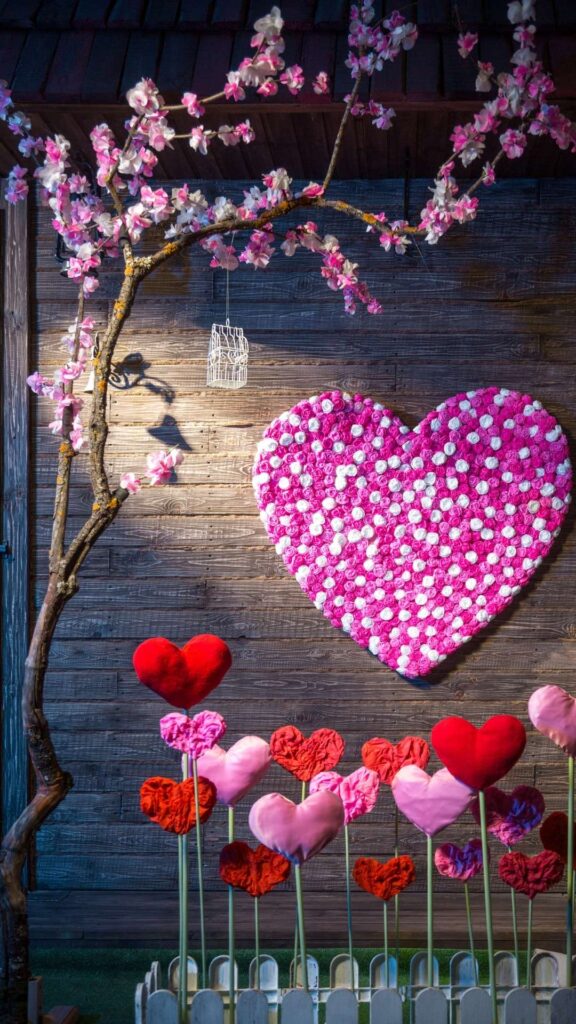 Beautiful-Valentine’s-Day-wallpaper-featuring-pink-and-red-love-hearts- arranged-in-a-soft-romantic-and-aesthetic-design.