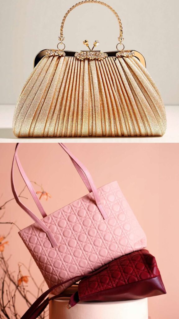 Stylish-collection-of bags-and-purses-including-structured-handbags-mini-bags-crossbody-bags-and-tote-bags-arranged-for-a-chic-aesthetic-look.