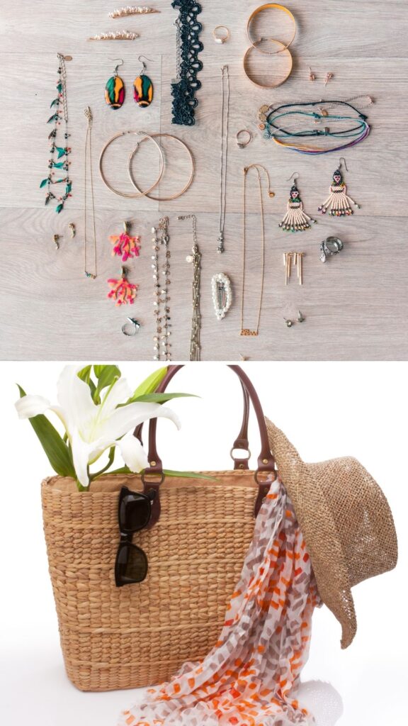 summer-accessories-showing-flatlay-of-jewelries-and-a-bag-eyeglass-hat-and-scarf-for-summer