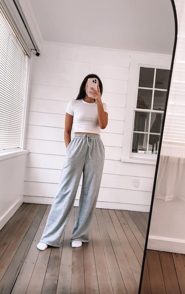 A-woman-wearing-Basic-T-Shirt-and High-Waisted-Joggers-work-from-home-outfit-ideas-for-women