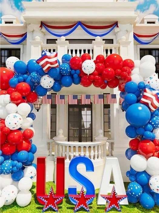 Final-Touches-That-Bring-Everything-Together-showing-a-well-decorated-outdoor-spaace-with-red-blue-and-white-ballons-and-usa-flag-hanged-around-the-balloons