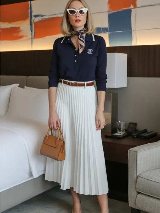 A-woman-wearing-
Polo-Top-with-Pleated-Skirt