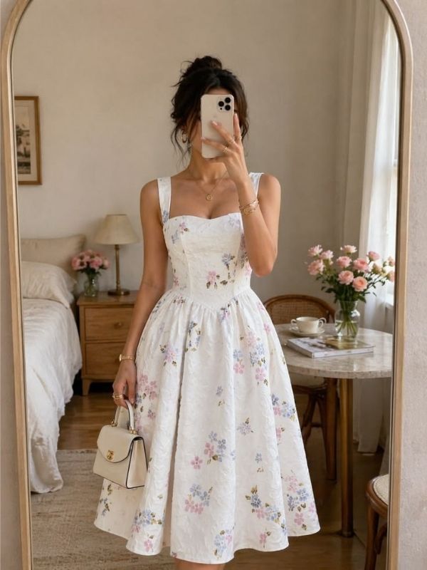 Floral-Midi-Dress-with-Comfortable-Sandals